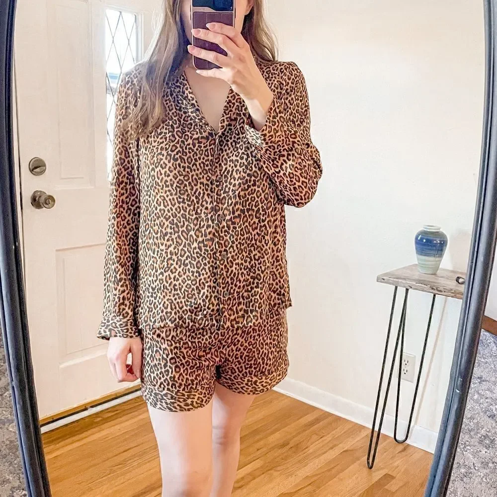 Something Navy Leopard Satin Pajama Short Set S